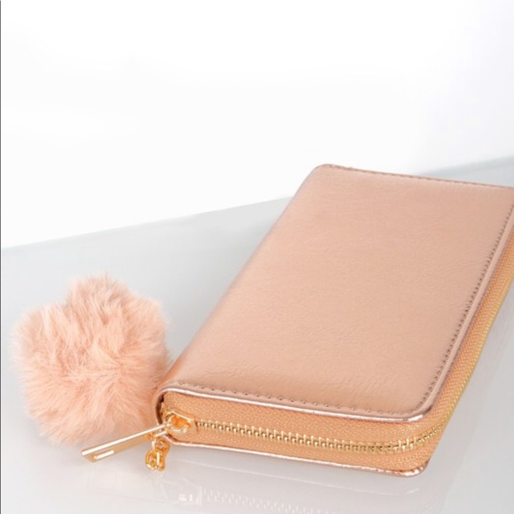 Elle Metallic Rose Gold Zipper Wallet w/ Pom Pom - Picture 2 of 6